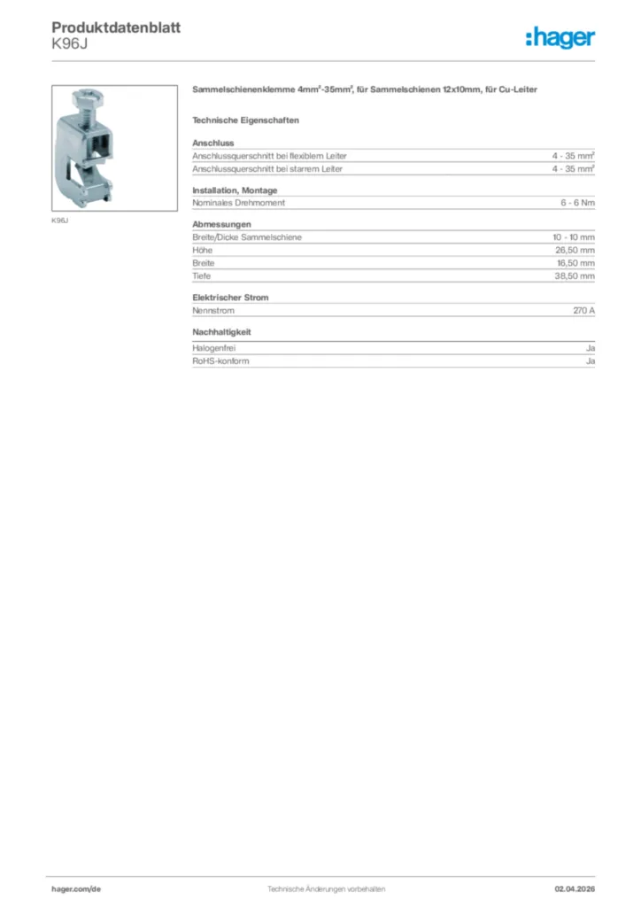 Bild Hager Produktdatenblatt K96J | Hager Deutschland