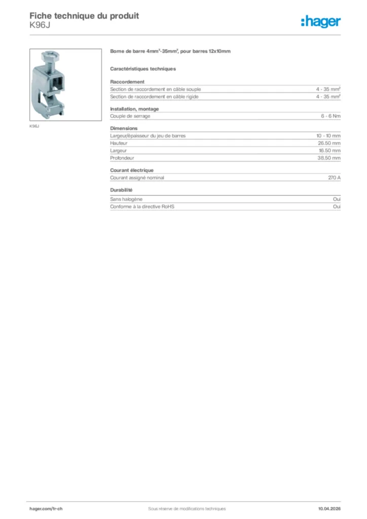 Image Hager Fiche technique du produit K96J | Hager Suisse
