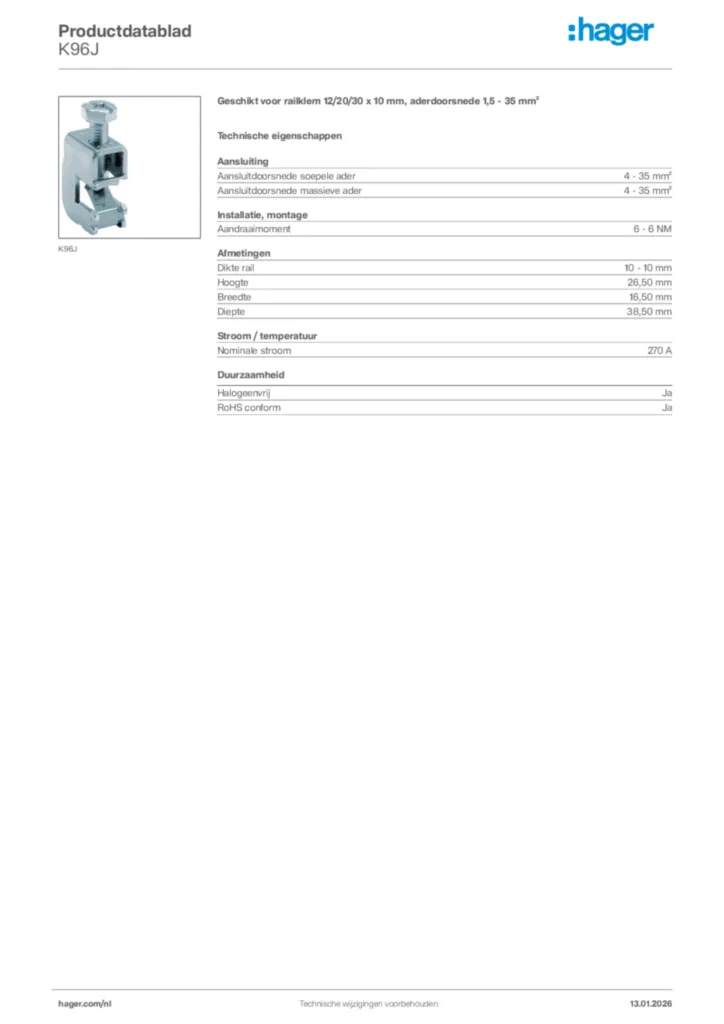 Afbeelding Hager Productdatablad K96J | Hager Nederland