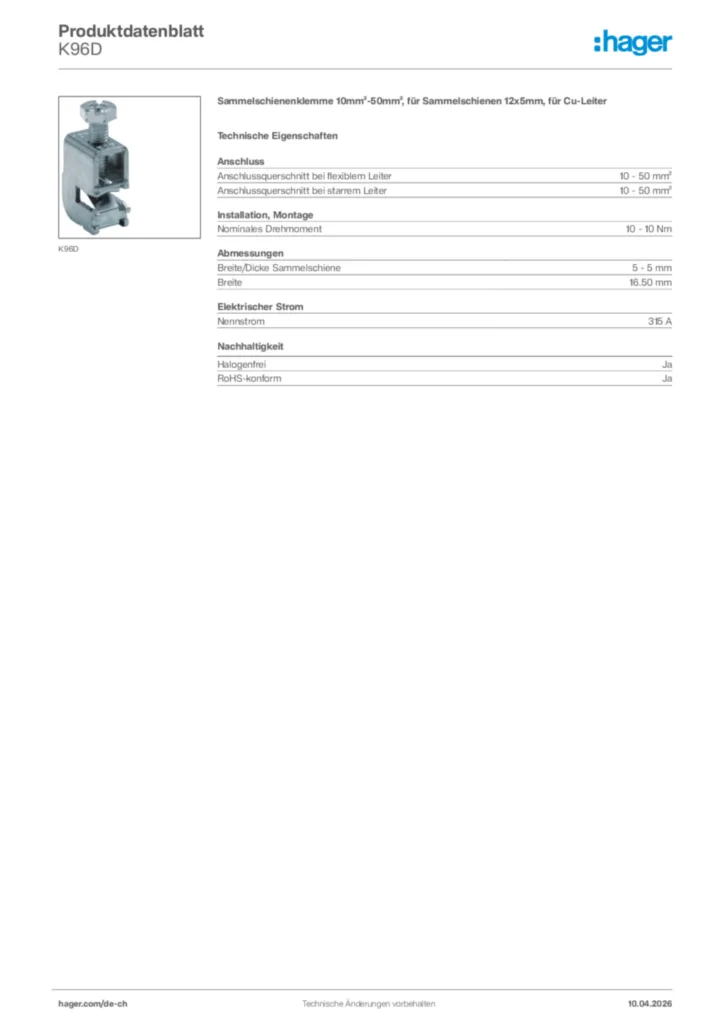 Bild Hager Produktdatenblatt K96D | Hager Schweiz