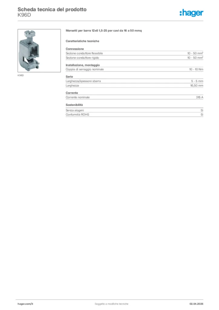 Immagine Hager Scheda tecnica del prodotto K96D | Hager Italia