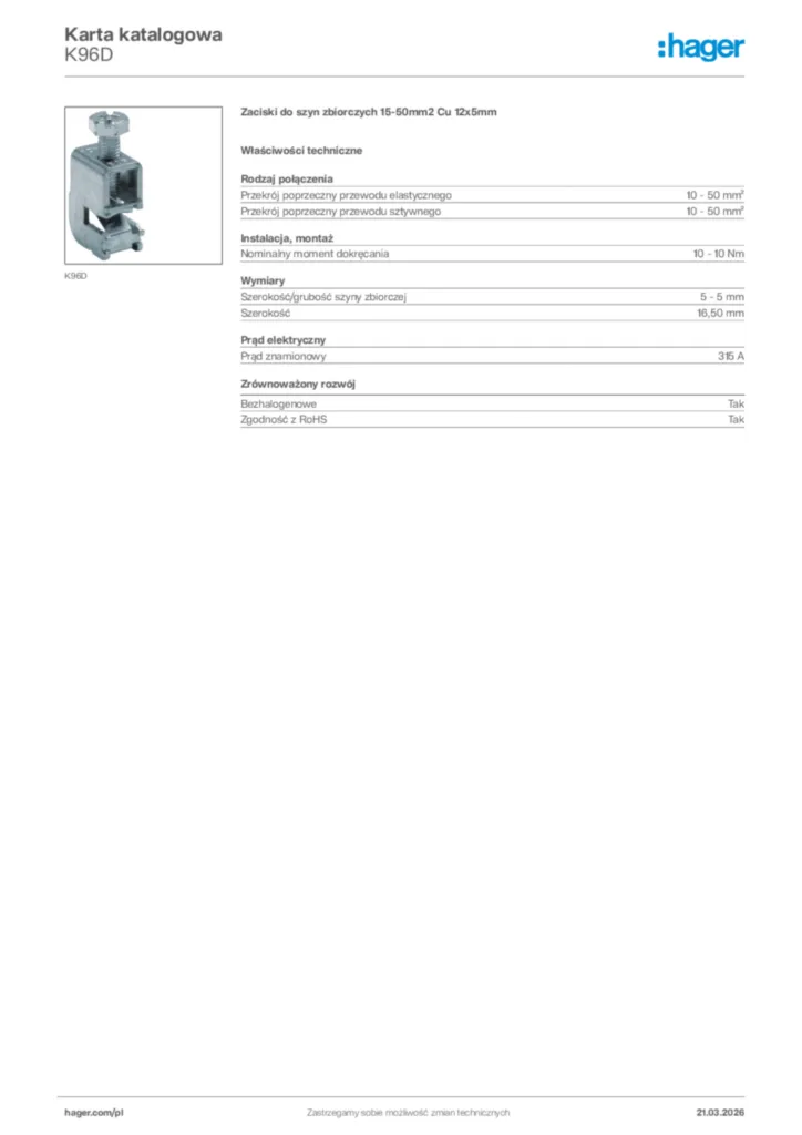 Zdjęcie Hager Karta katalogowa K96D | Hager Polska