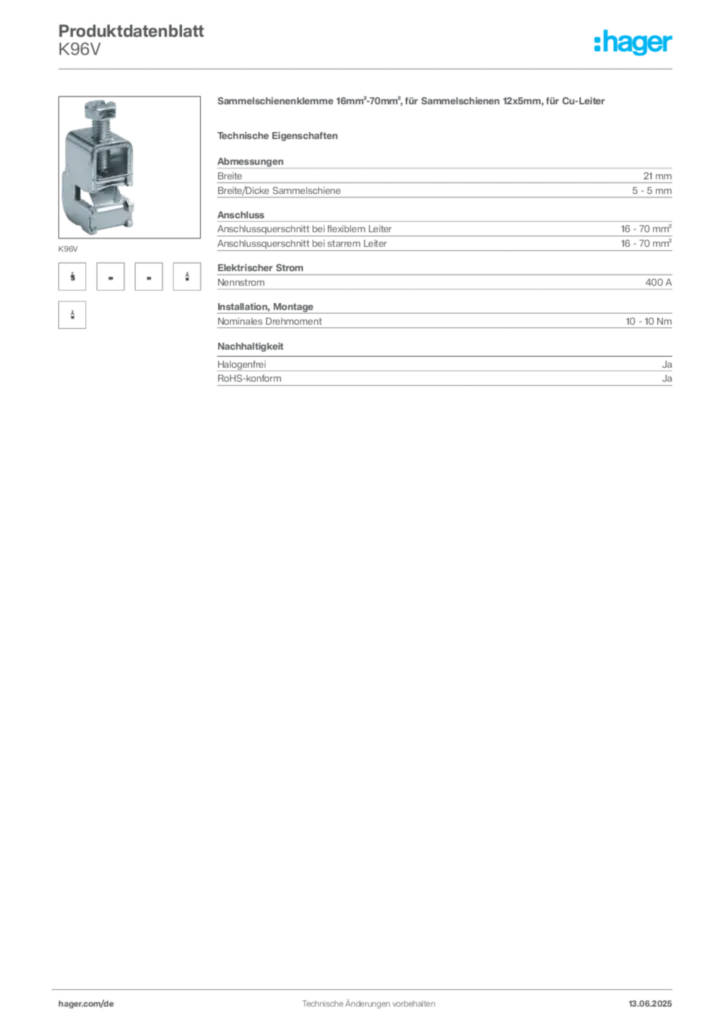 Bild Hager Produktdatenblatt K96V | Hager Deutschland