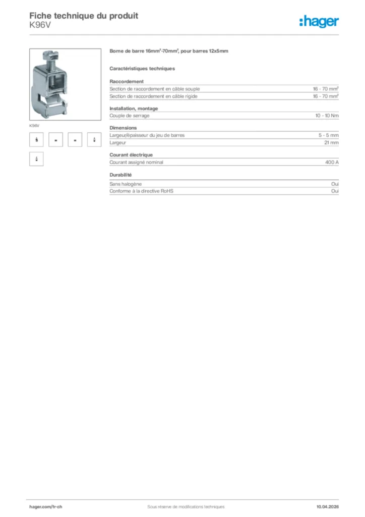 Image Hager Fiche technique du produit K96V | Hager Suisse
