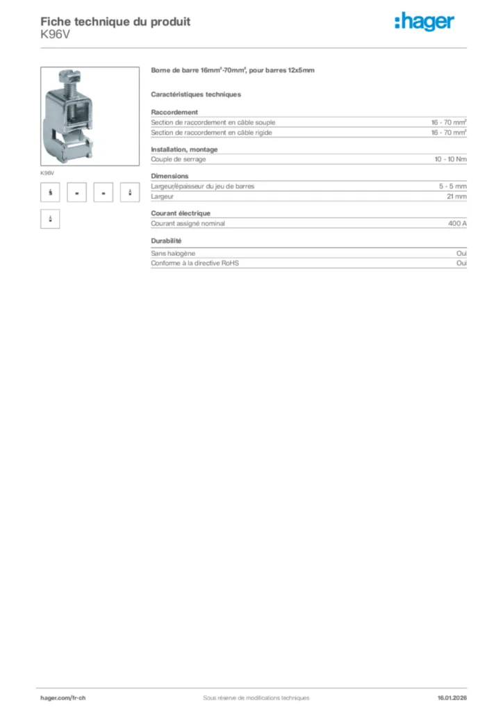 Image Hager Fiche technique du produit K96V | Hager Suisse