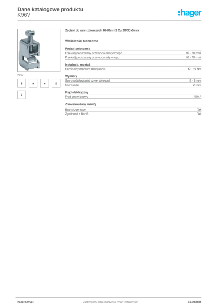 Zdjęcie Hager Dane katalogowe produktu K96V | Hager Polska