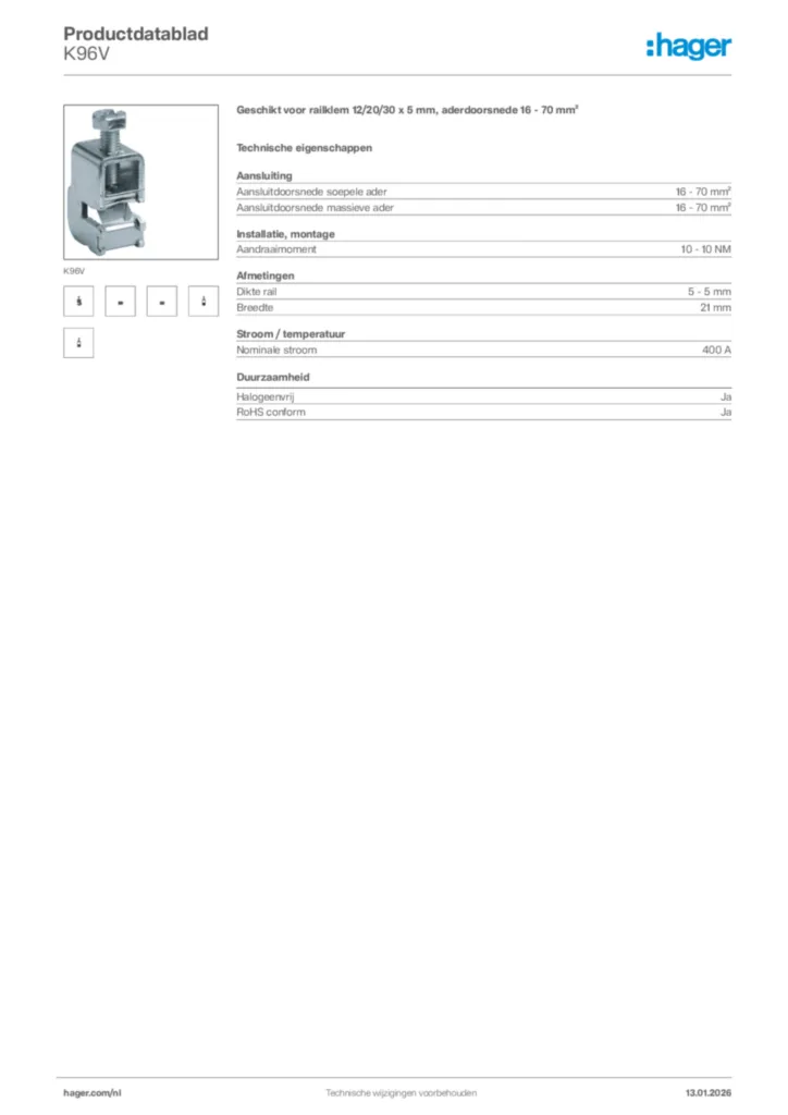 Afbeelding Hager Productdatablad K96V | Hager Nederland