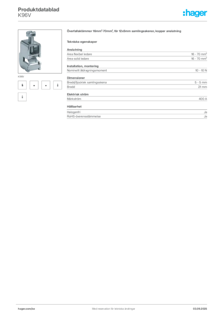 Bild Hager Produktdatablad K96V | Hager Sverige