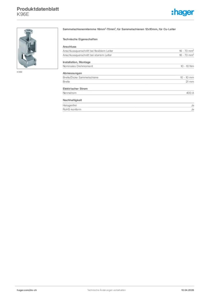 Bild Hager Produktdatenblatt K96E | Hager Schweiz