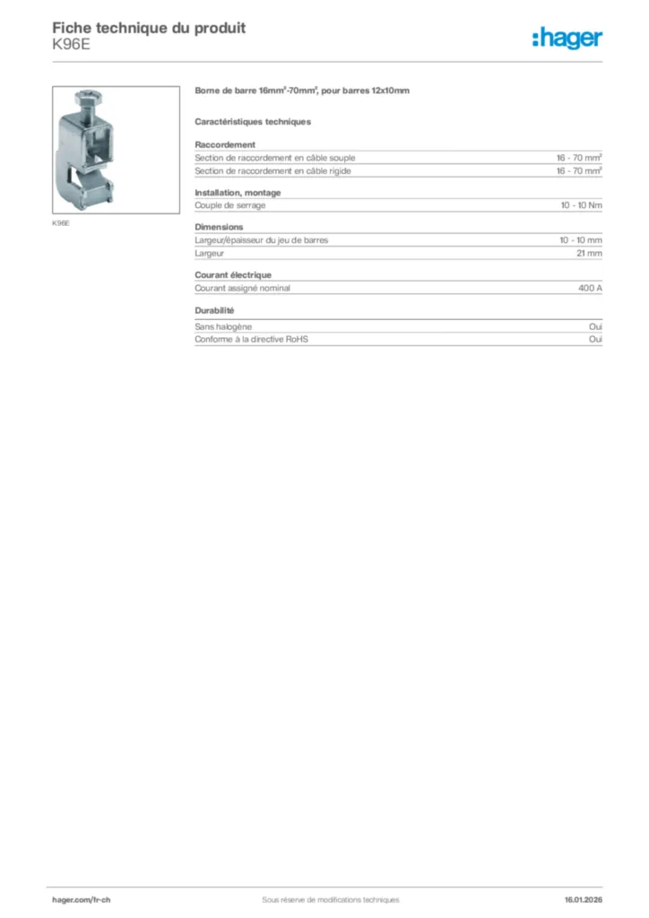 Image Hager Fiche technique du produit K96E | Hager Suisse
