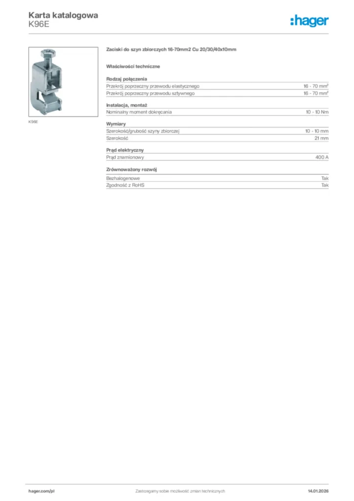 Zdjęcie Hager Karta katalogowa K96E | Hager Polska
