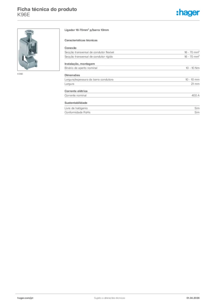 Imagem Hager Ficha técnica do produto K96E | Hager Portugal