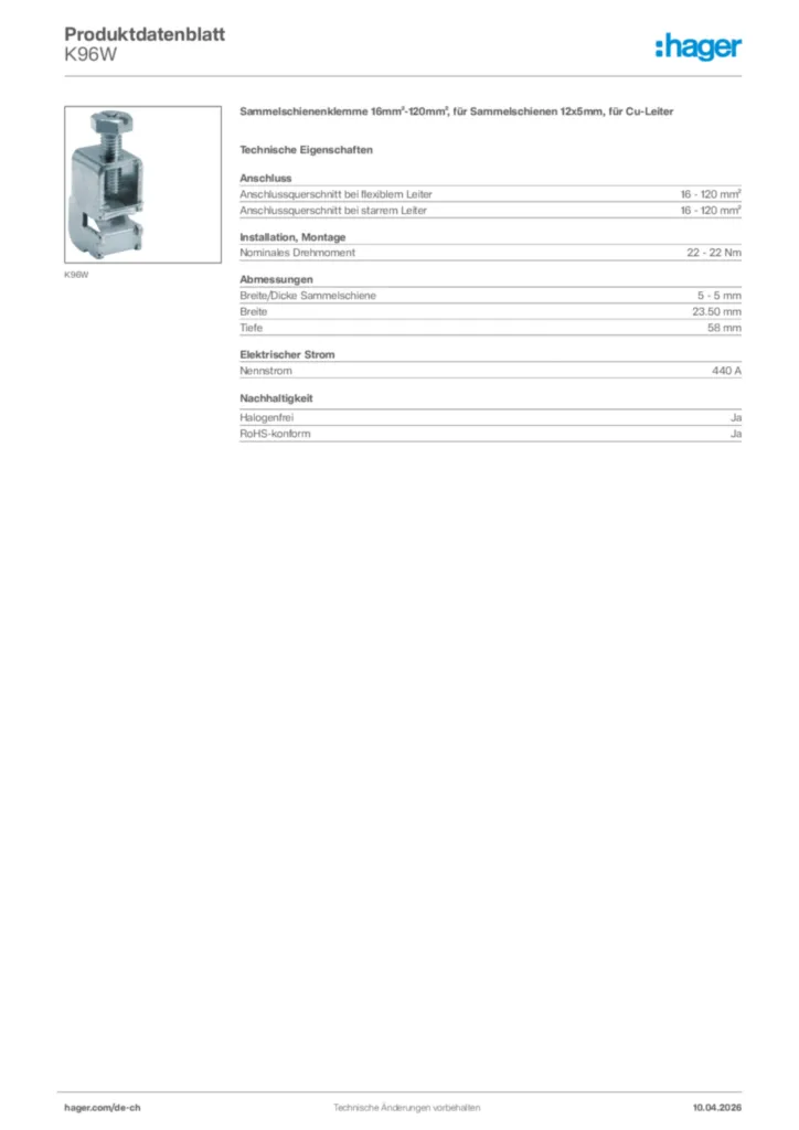 Bild Hager Produktdatenblatt K96W | Hager Schweiz