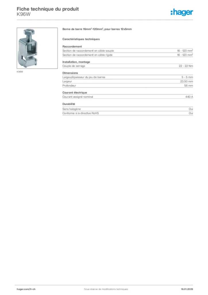 Image Hager Fiche technique du produit K96W | Hager Suisse