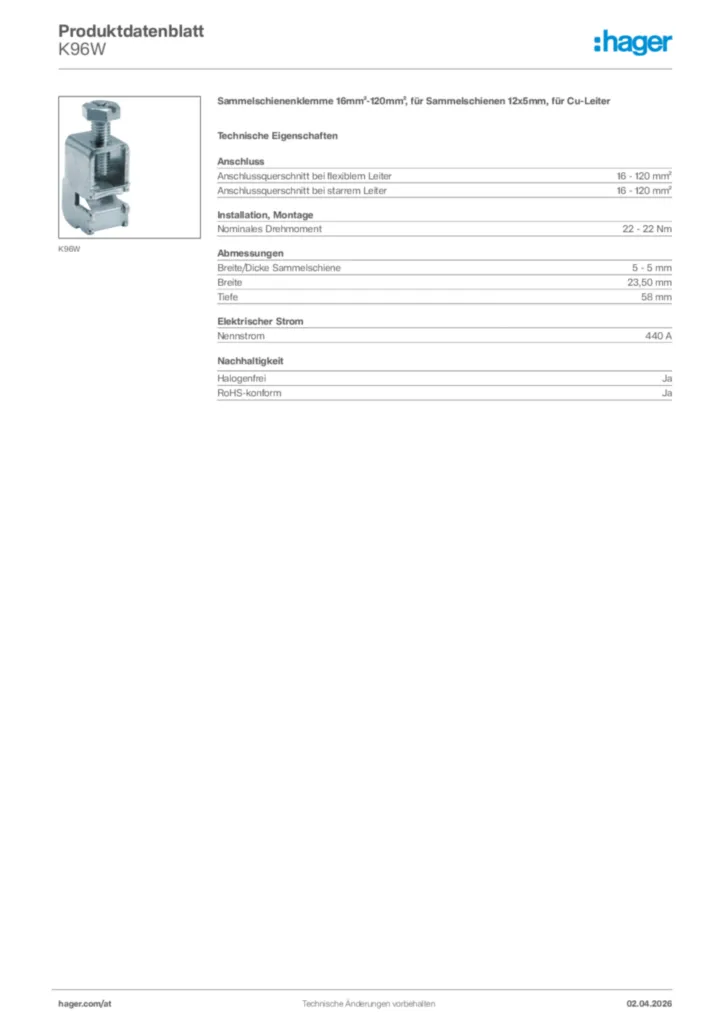 Bild Hager Produktdatenblatt K96W | Hager Deutschland