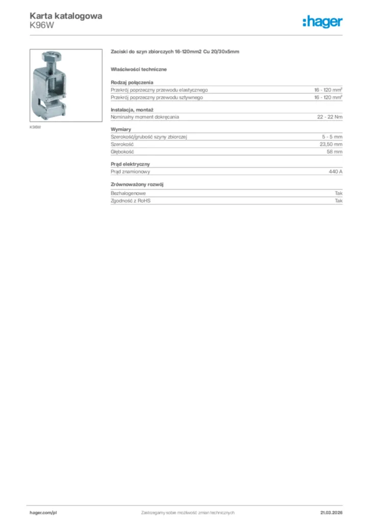 Zdjęcie Hager Karta katalogowa K96W | Hager Polska