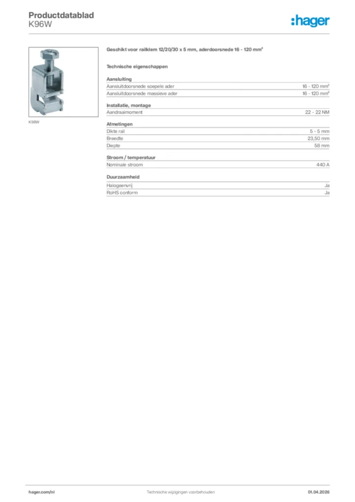 Afbeelding Hager Productdatablad K96W | Hager Nederland
