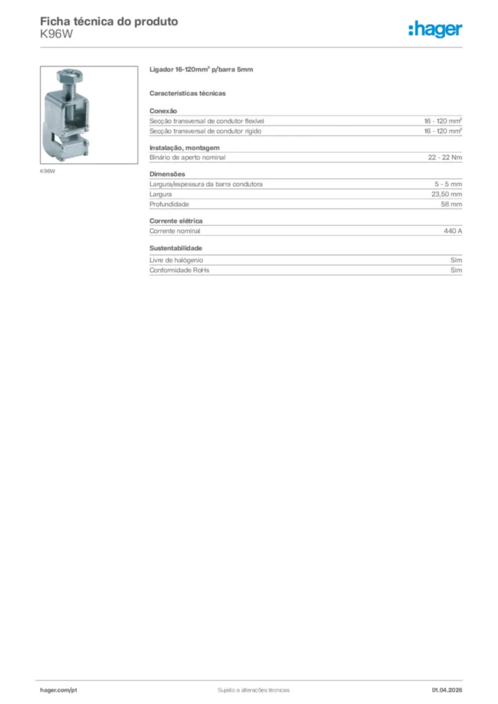 Imagem Hager Ficha técnica do produto K96W | Hager Portugal