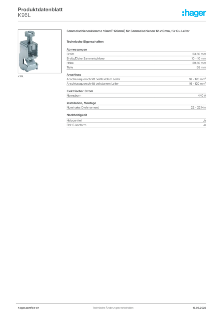 Bild Hager Produktdatenblatt K96L | Hager Schweiz