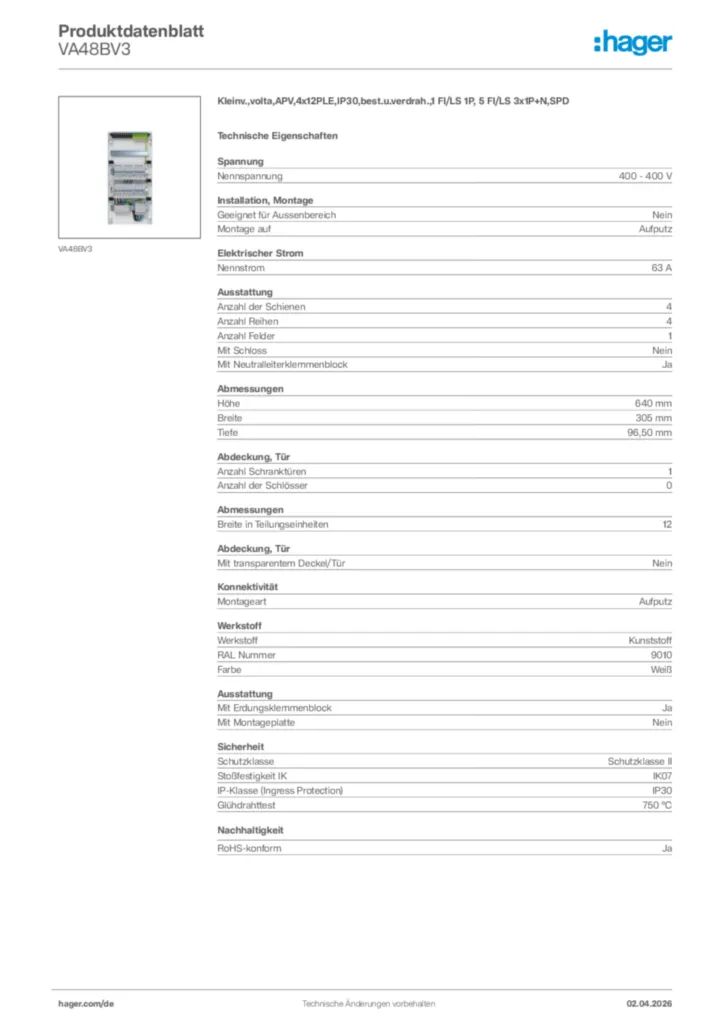 Bild Hager Produktdatenblatt VA48BV3 | Hager Deutschland