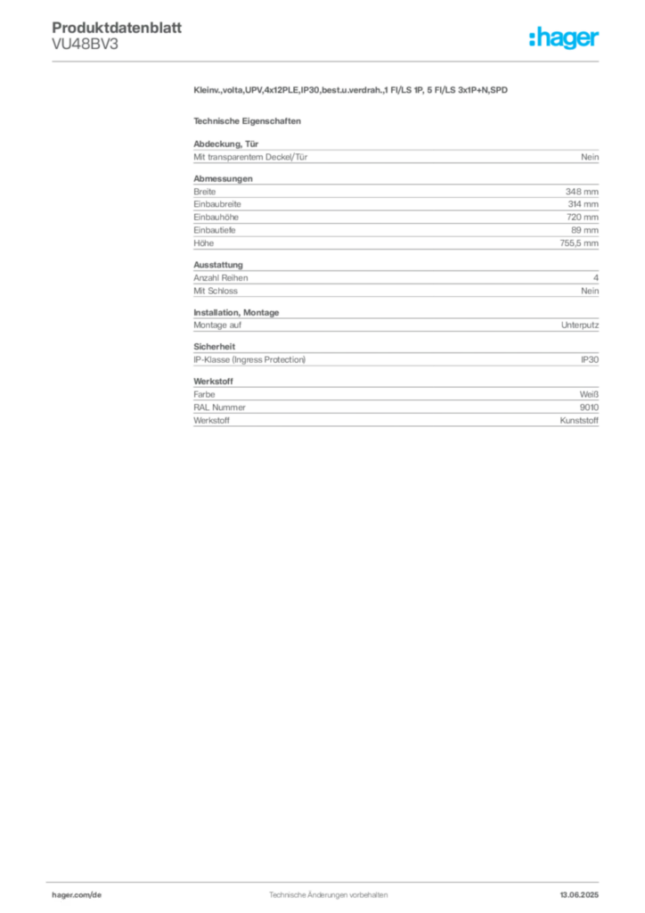 Hager Produktdatenblatt VU48BV3
