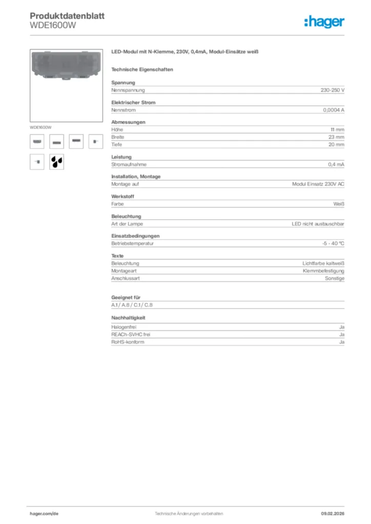 Bild Hager Produktdatenblatt WDE1600W | Hager Deutschland