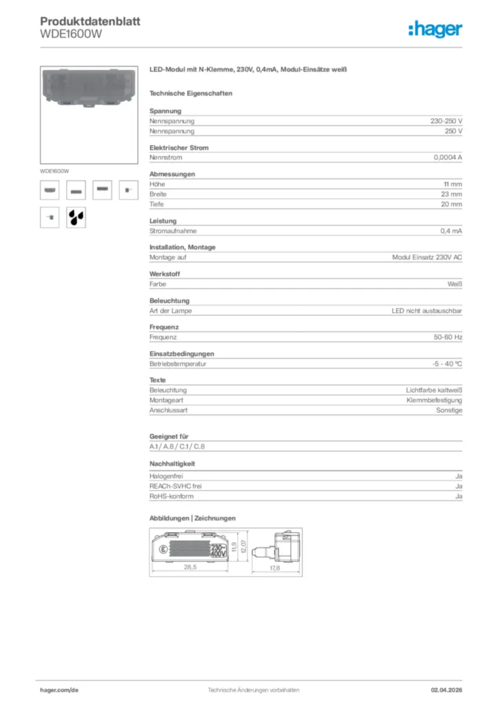 Bild Hager Produktdatenblatt WDE1600W | Hager Deutschland