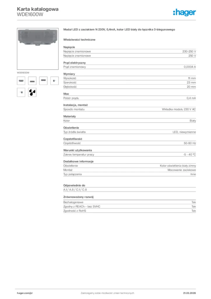 Zdjęcie Hager Karta katalogowa WDE1600W | Hager Polska