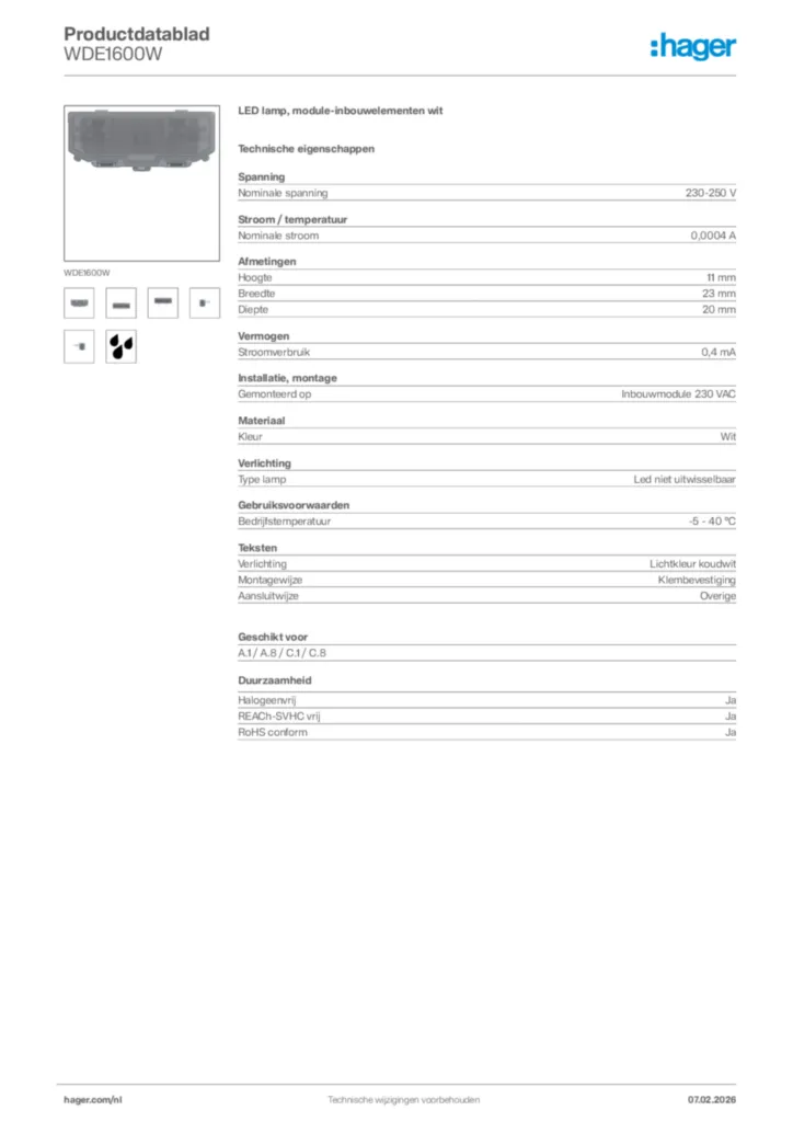 Afbeelding Hager Productdatablad WDE1600W | Hager Nederland
