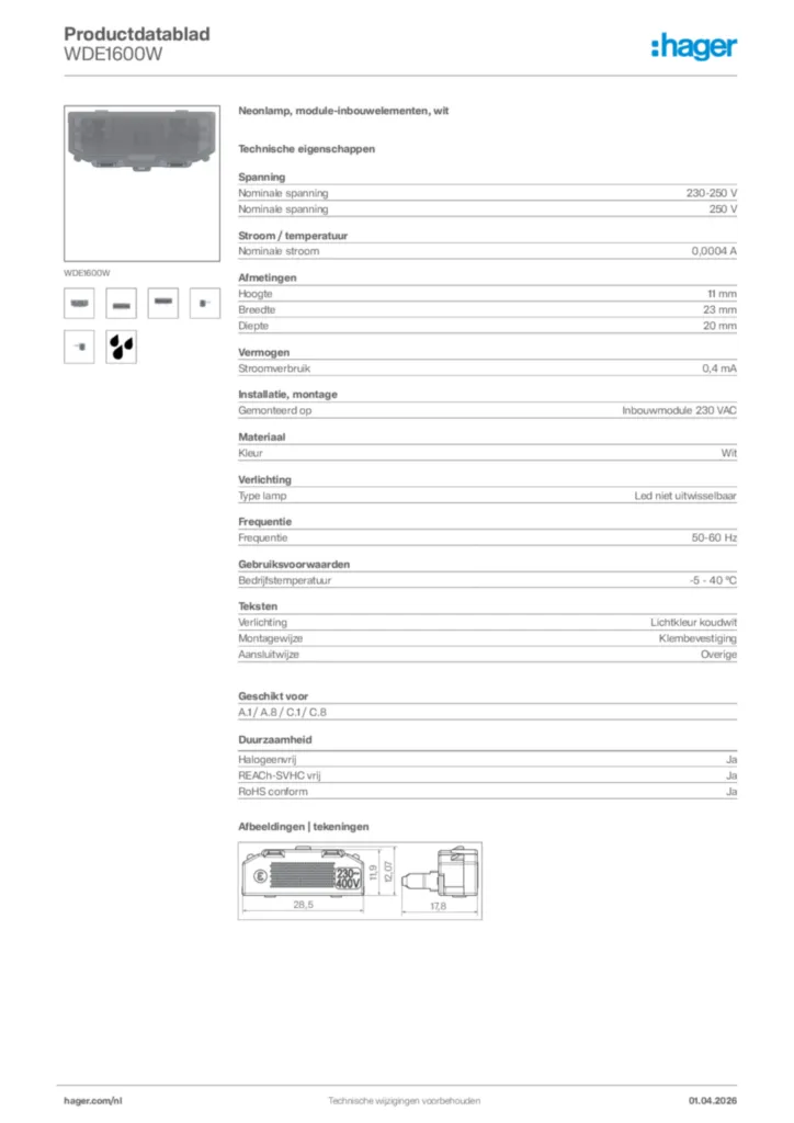 Afbeelding Hager Productdatablad WDE1600W | Hager Nederland
