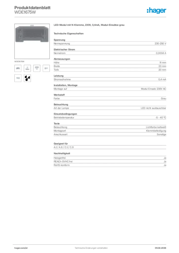 Bild Hager Produktdatenblatt WDE1675W | Hager Deutschland