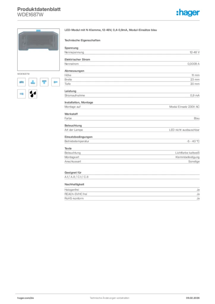 Bild Hager Produktdatenblatt WDE1687W | Hager Deutschland