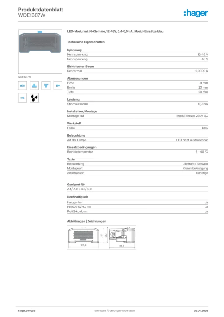 Bild Hager Produktdatenblatt WDE1687W | Hager Deutschland