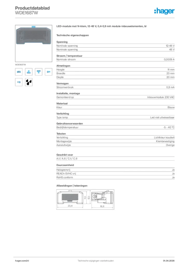Afbeelding Hager Productdatablad WDE1687W | Hager Nederland