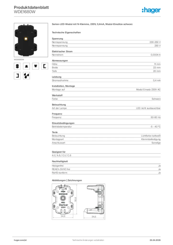 Bild Hager Produktdatenblatt WDE1680W | Hager Deutschland