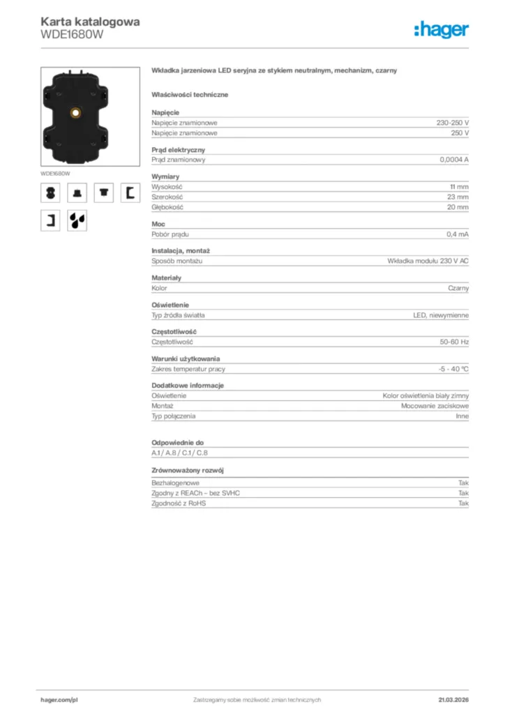 Zdjęcie Hager Karta katalogowa WDE1680W | Hager Polska