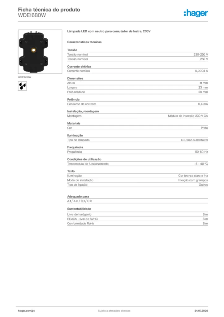 Imagem Hager Ficha técnica do produto WDE1680W | Hager Portugal