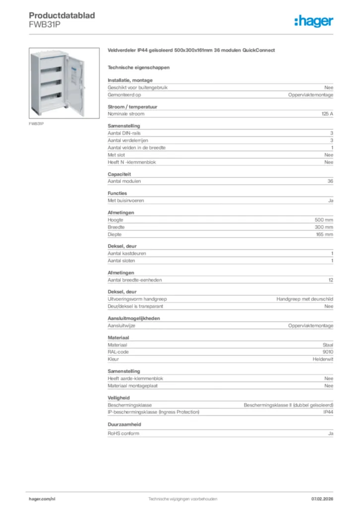 Afbeelding Hager Productdatablad FWB31P | Hager Nederland