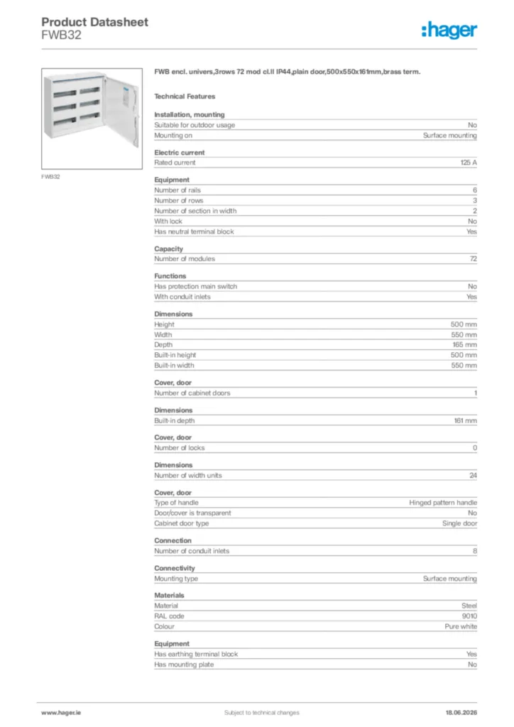 Image Hager Product data sheet FWB32  | Hager