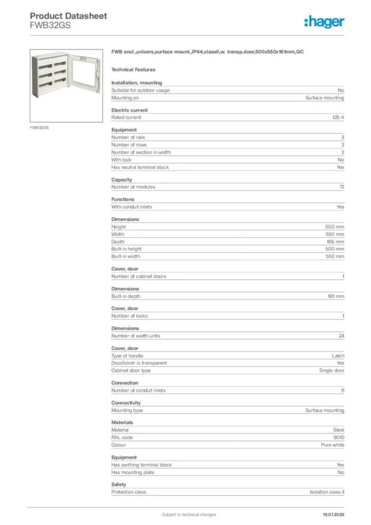 Image Hager Product data sheet FWB32GS  | Hager Africa