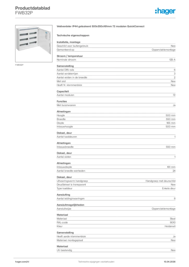 Afbeelding Hager Productdatablad FWB32P | Hager Nederland