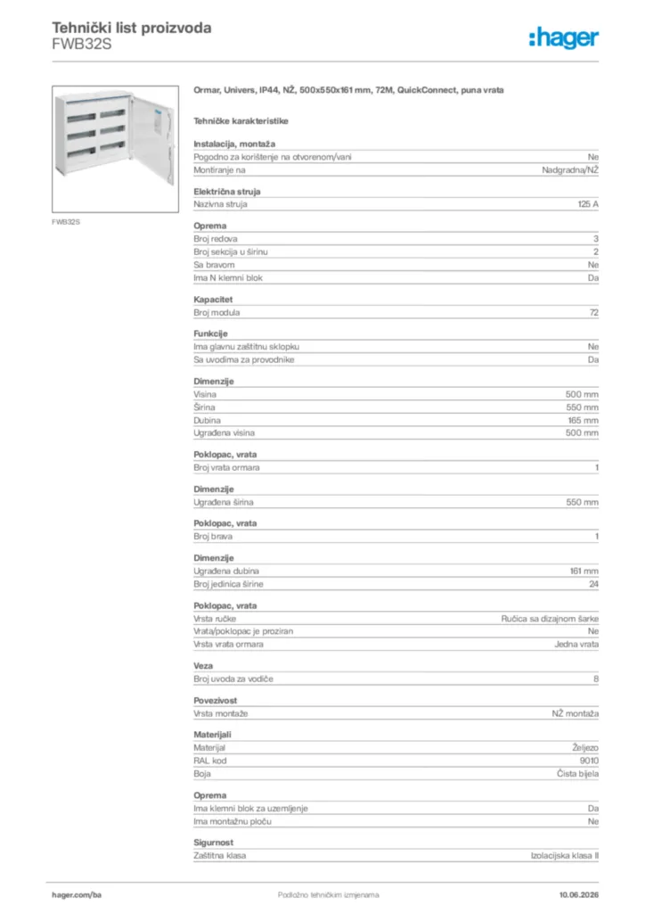 Slika Hager Tehnički list proizvoda FWB32S  | Hager