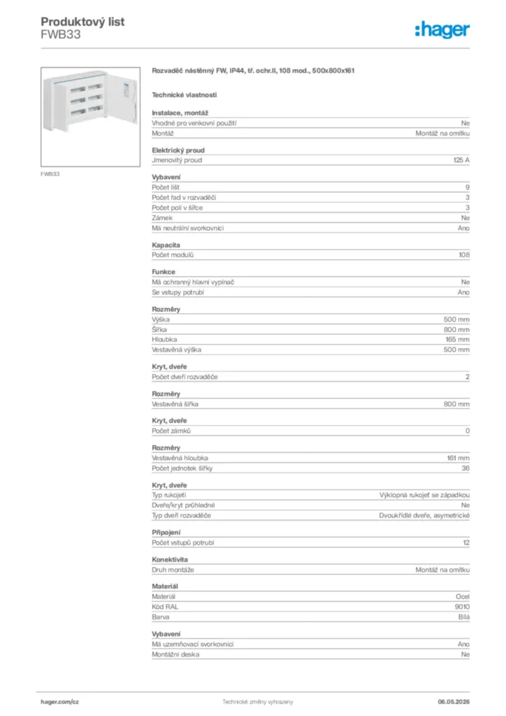 Obrázek Hager Product data sheet FWB33 | Hager
