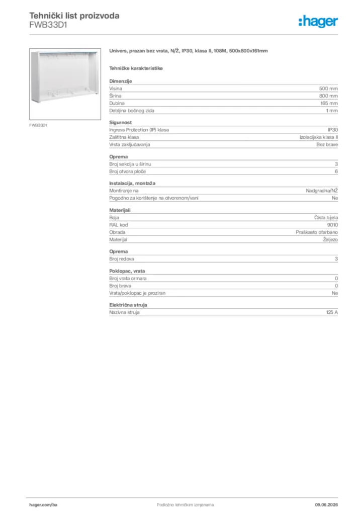 Slika Hager Tehnički list proizvoda FWB33D1  | Hager