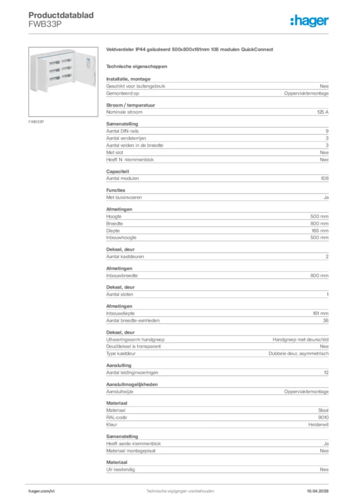 Afbeelding Hager Productdatablad FWB33P | Hager Nederland