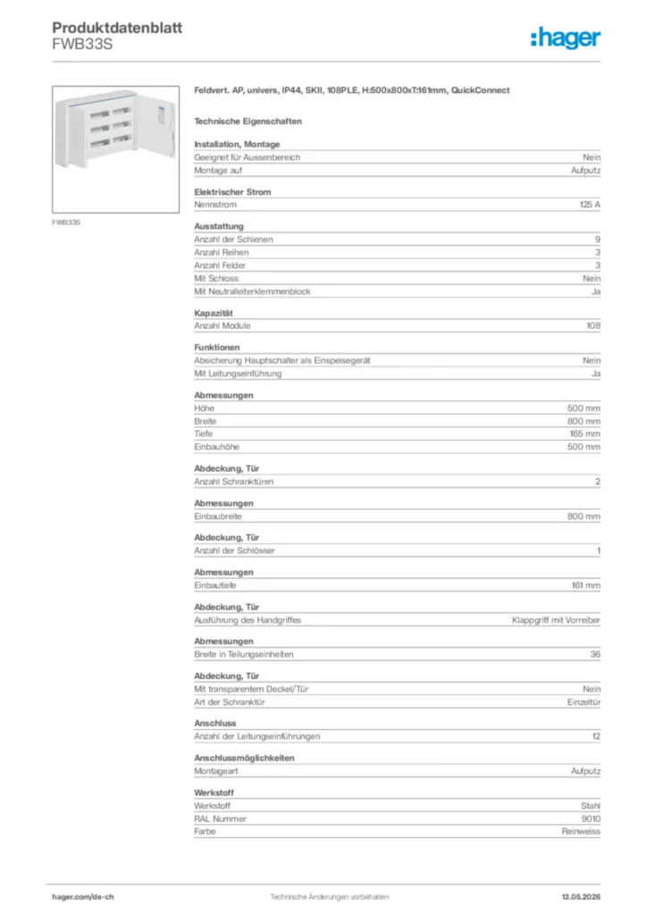 Bild Hager Produktdatenblatt FWB33S | Hager Schweiz