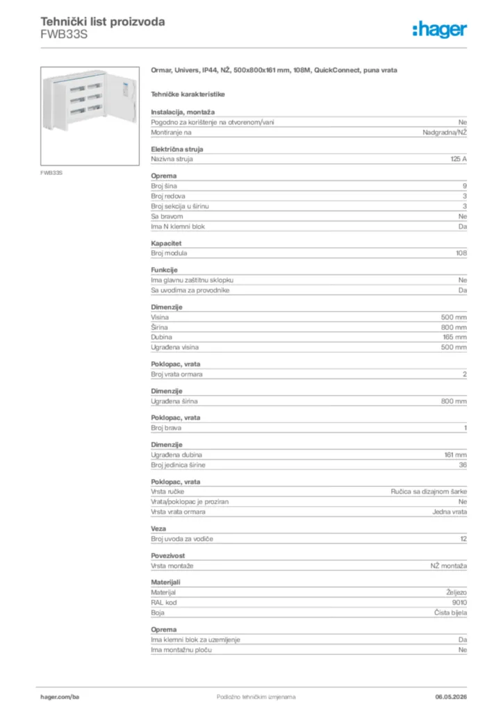 Slika Hager Tehnički list proizvoda FWB33S  | Hager