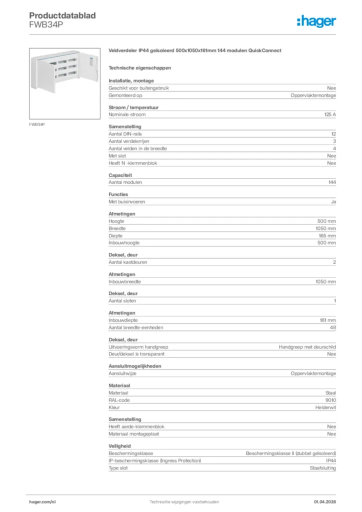 Afbeelding Hager Productdatablad FWB34P | Hager Nederland
