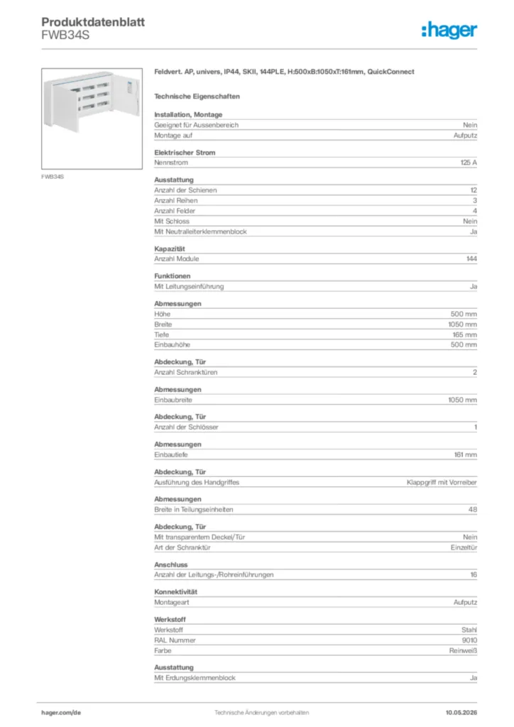 Bild Hager Produktdatenblatt FWB34S | Hager Deutschland