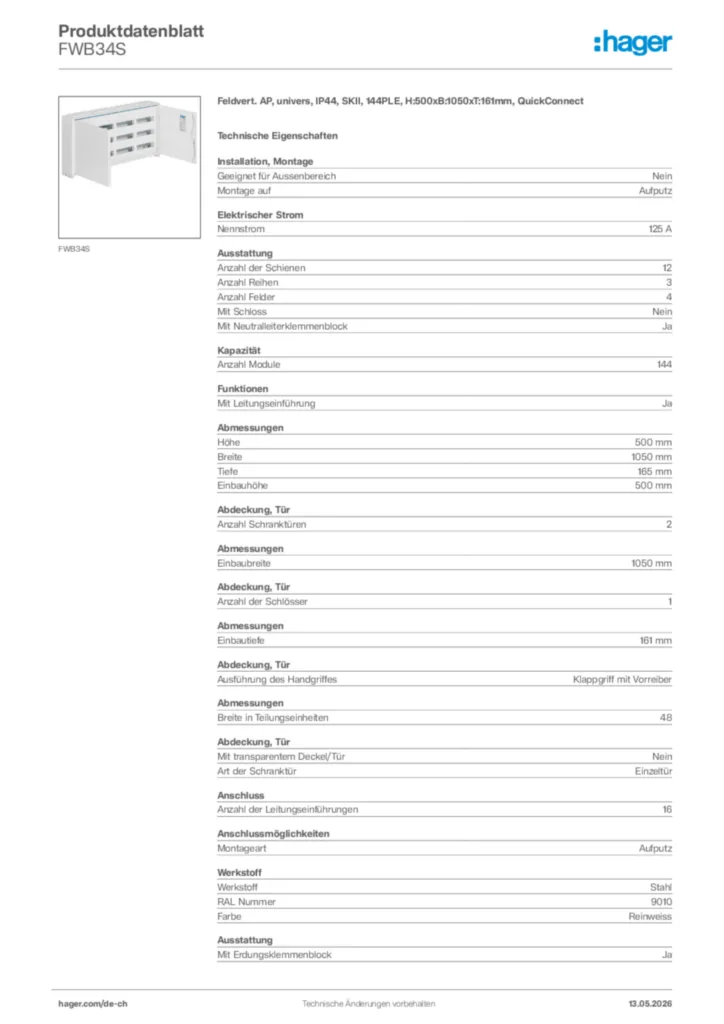 Bild Hager Produktdatenblatt FWB34S | Hager Schweiz